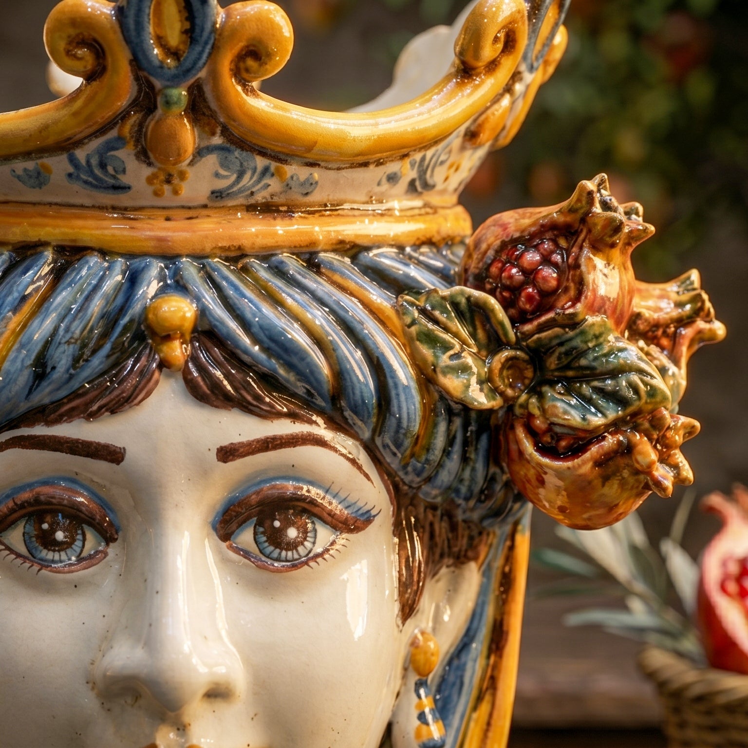 Sicilian Head Vase with Pomegranates H 25 cm / 9.8", Woman, Blue and Orange – Testa di Moro from Caltagirone, Sicily