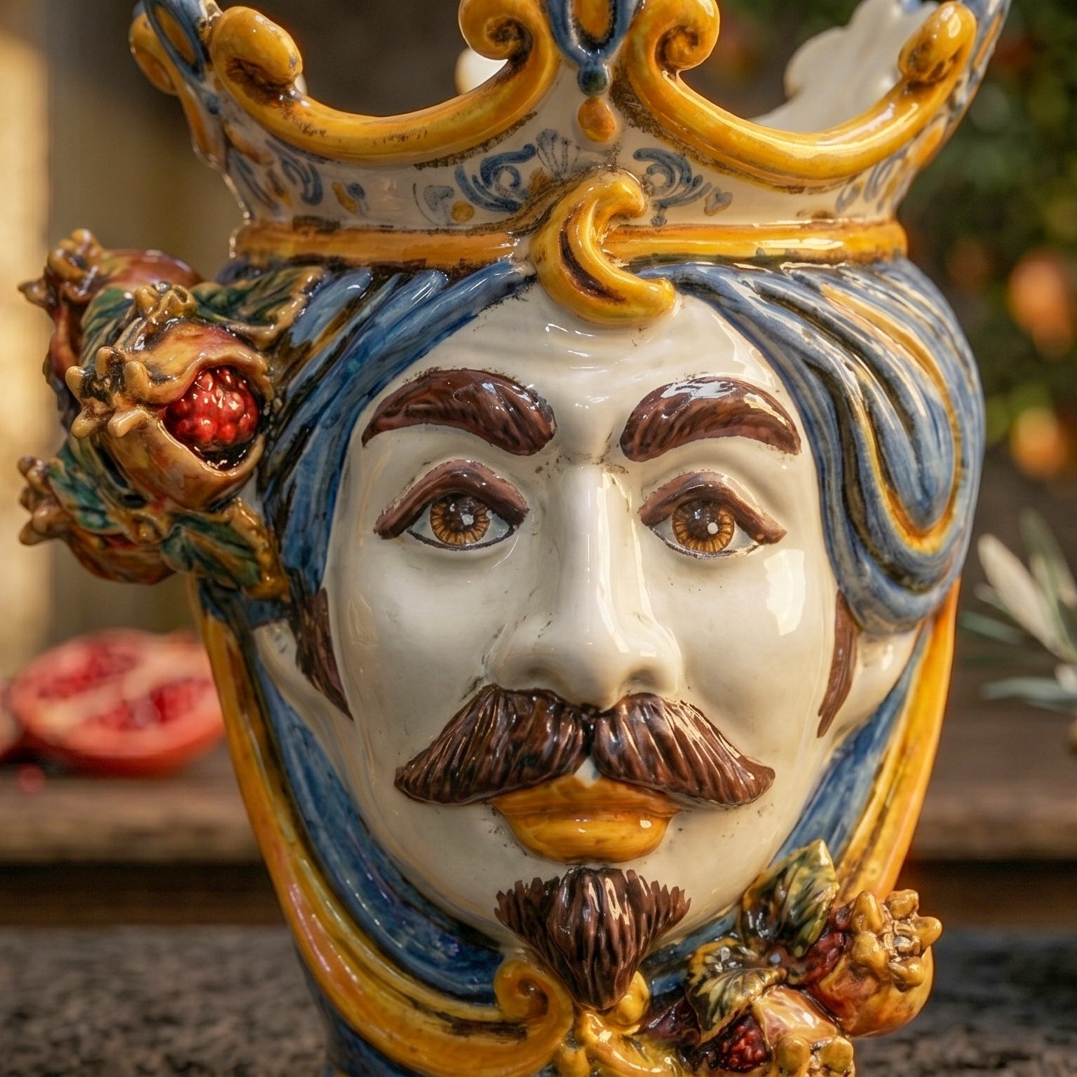 Sicilian Head Vase with Pomegranates H 25 cm / 9.8", White Man, Blue and Orange – Testa di Moro from Caltagirone, Sicily