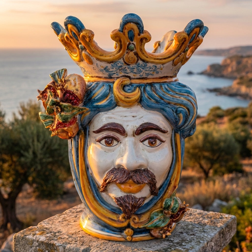 Ceramic Head with pomegranate h 40 blu/orange male