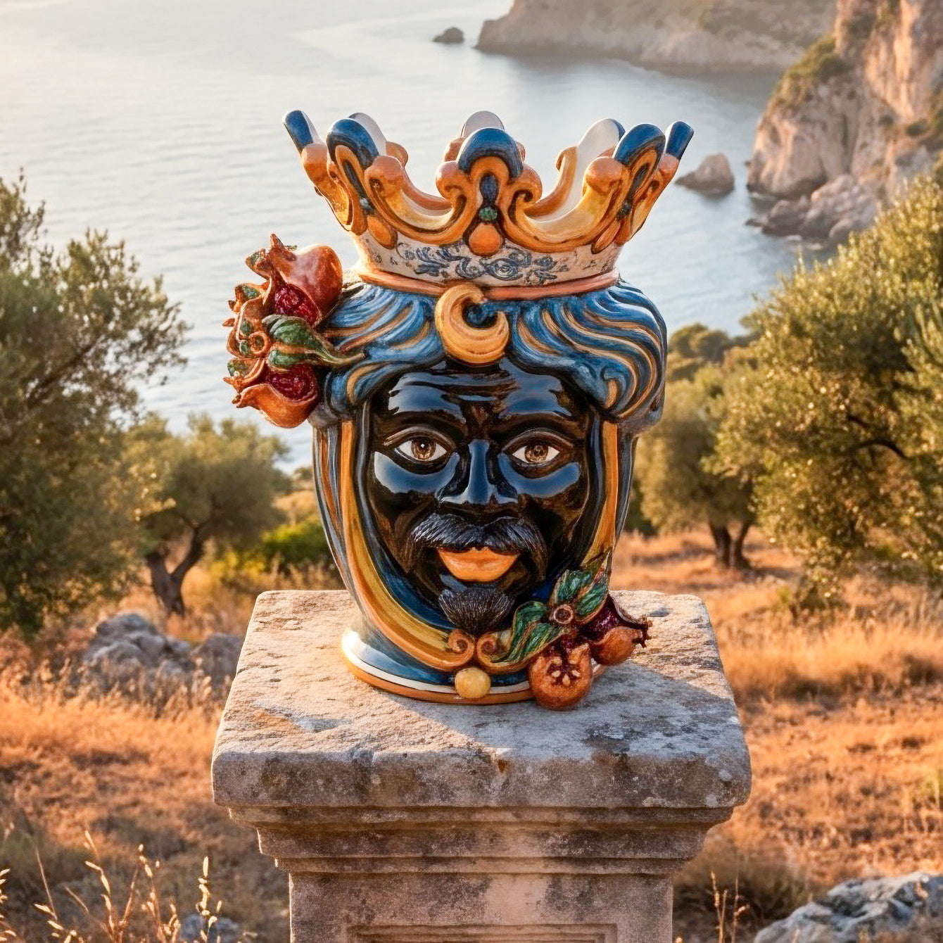Testa di Moro Vase with Pomegranates H 40 cm / 15.7", Moro Man, Blue and Orange – Testa di Moro from Caltagirone, Sicily