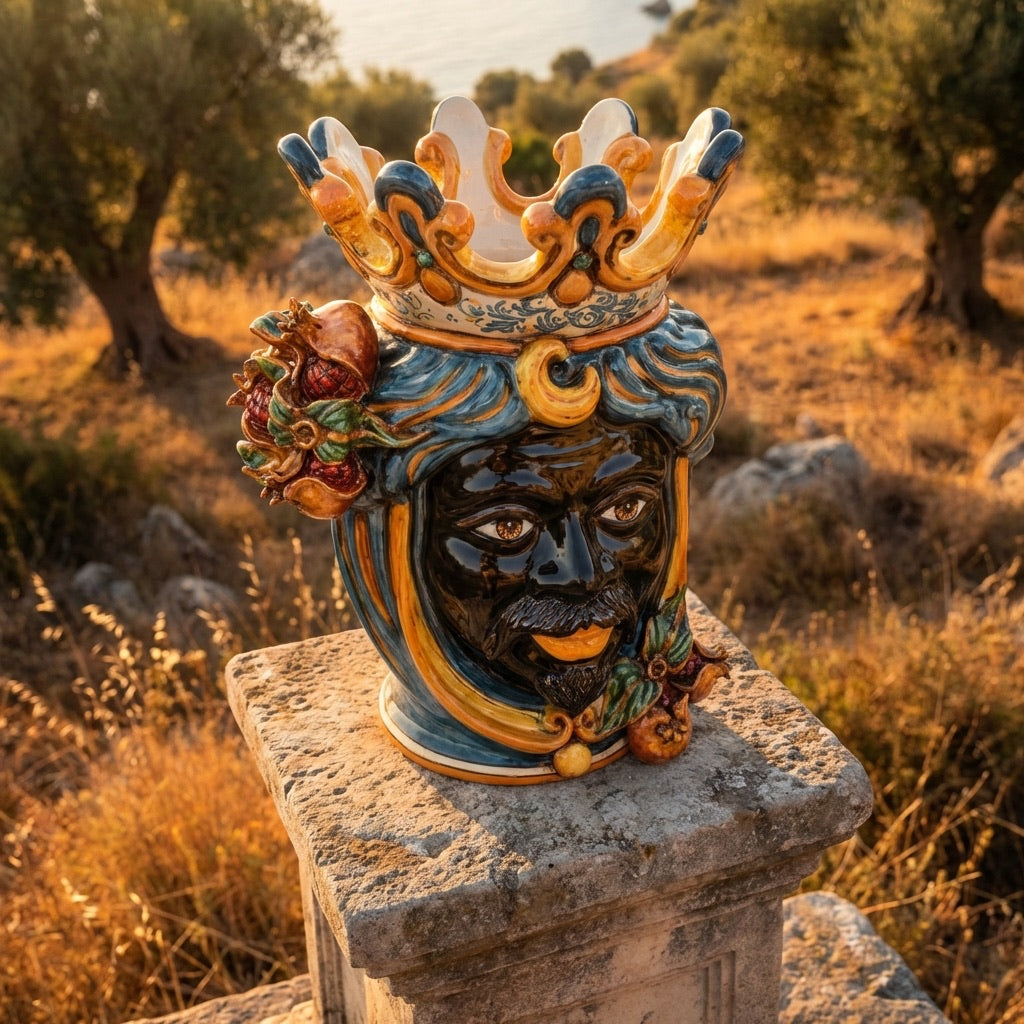 Testa di Moro Vase with Pomegranates H 40 cm / 15.7", Moro Man, Blue and Orange – Testa di Moro from Caltagirone, Sicily