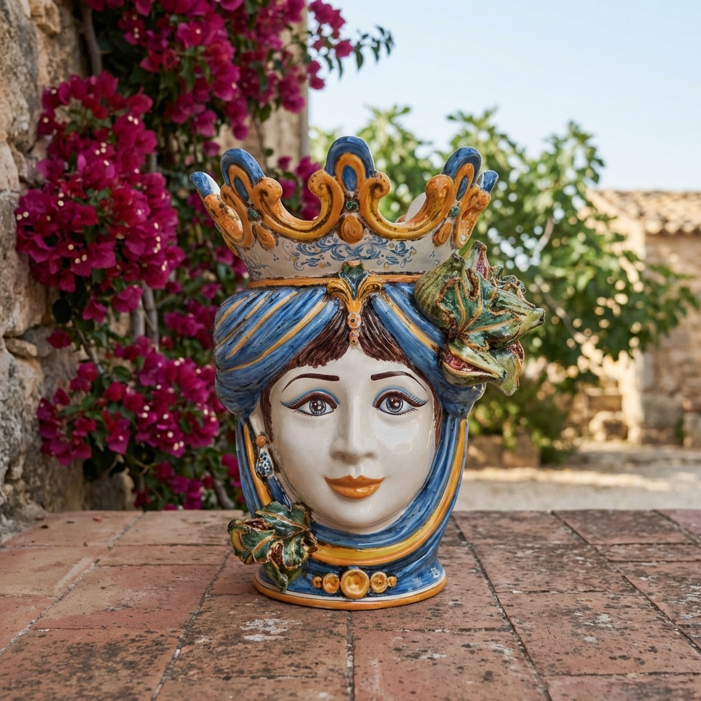 Testa di Moro Vase with Figs H 40 cm / 15.7", Woman, Blue and Orange – Testa di Moro from Caltagirone, Sicily