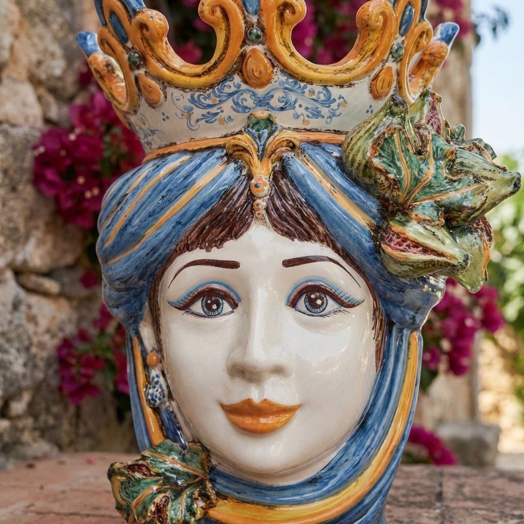 Testa di Moro Vase with Figs H 40 cm / 15.7", Woman, Blue and Orange – Testa di Moro from Caltagirone, Sicily