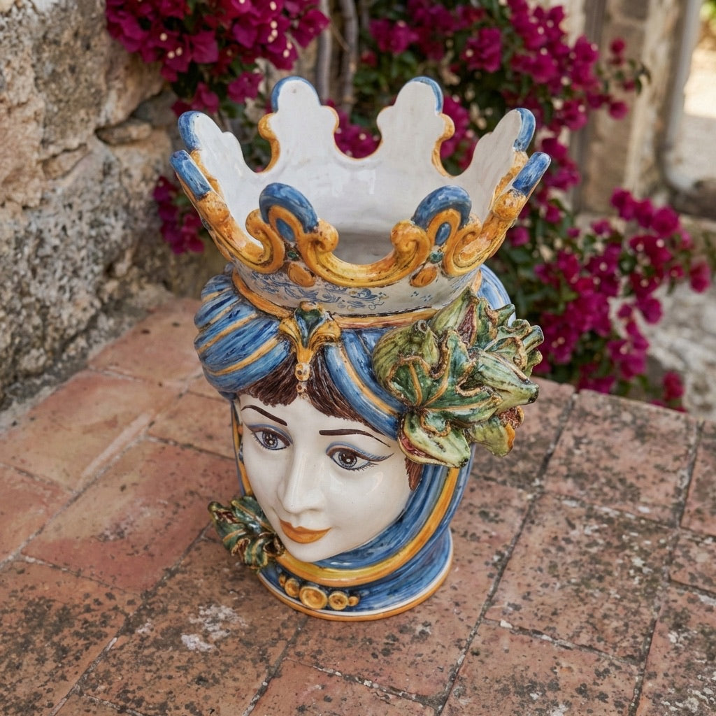 Testa di Moro Vase with Figs H 40 cm / 15.7", Woman, Blue and Orange – Testa di Moro from Caltagirone, Sicily