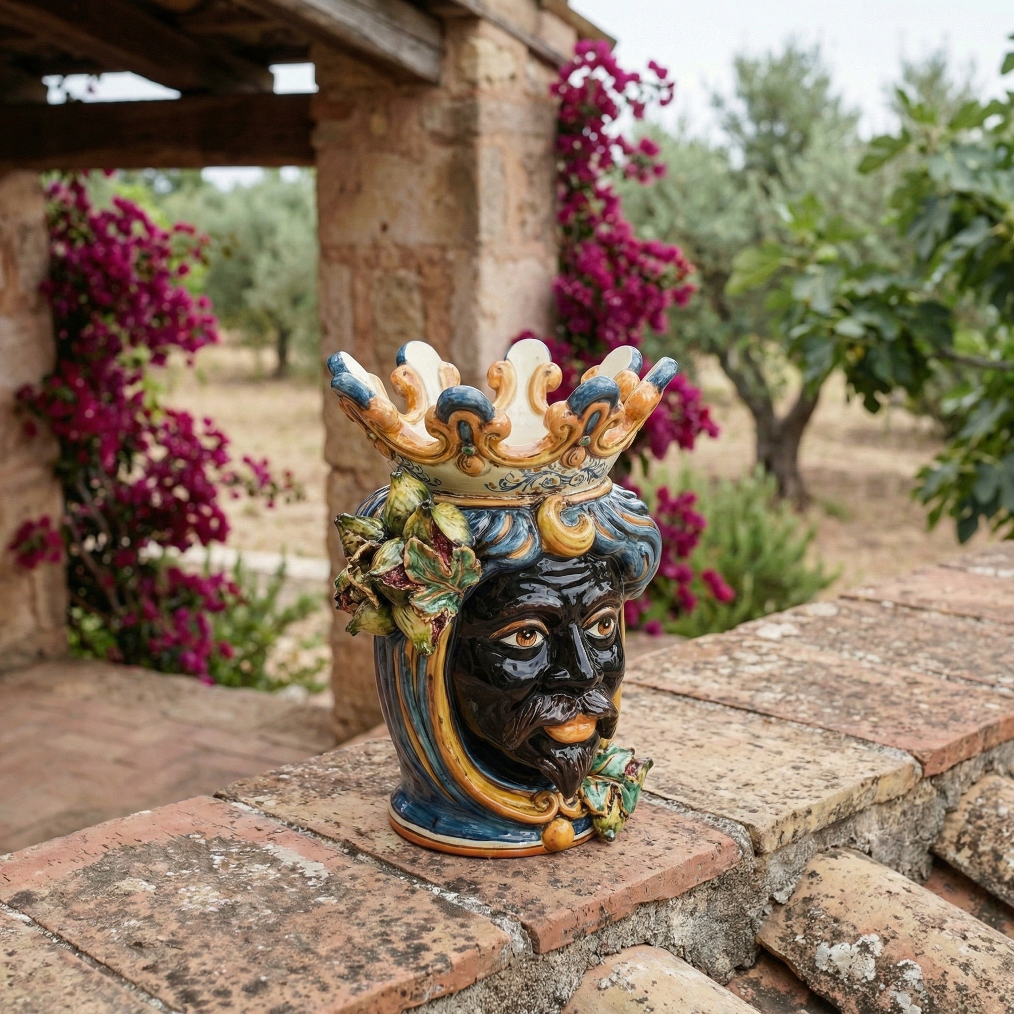 Sicilian Moor's Head with Figs H 40 cm / 15.7", Moro Man, Blue and Orange – Testa di Moro from Caltagirone, Sicily