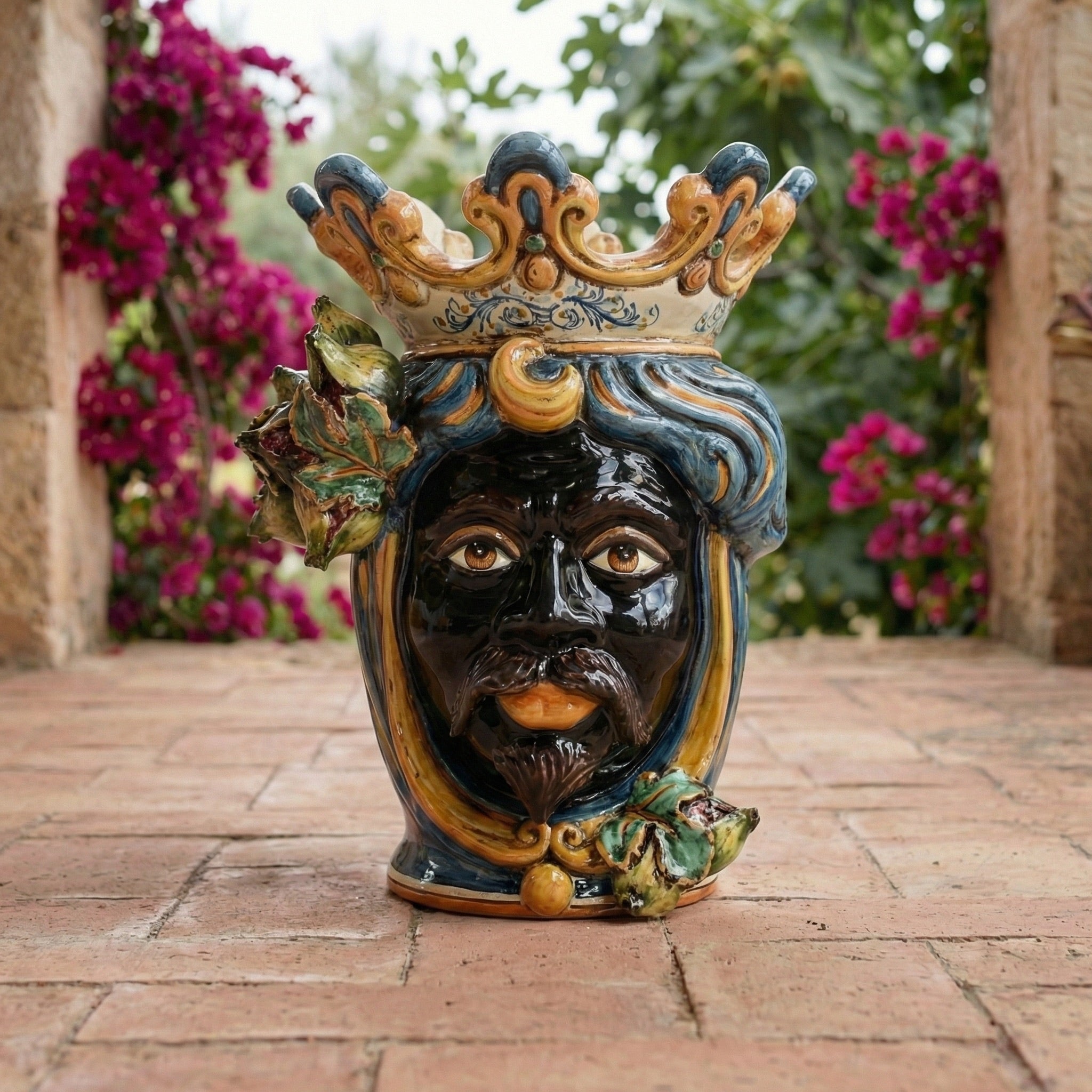Sicilian Moor's Head with Figs H 40 cm / 15.7", Moro Man, Blue and Orange – Testa di Moro from Caltagirone, Sicily