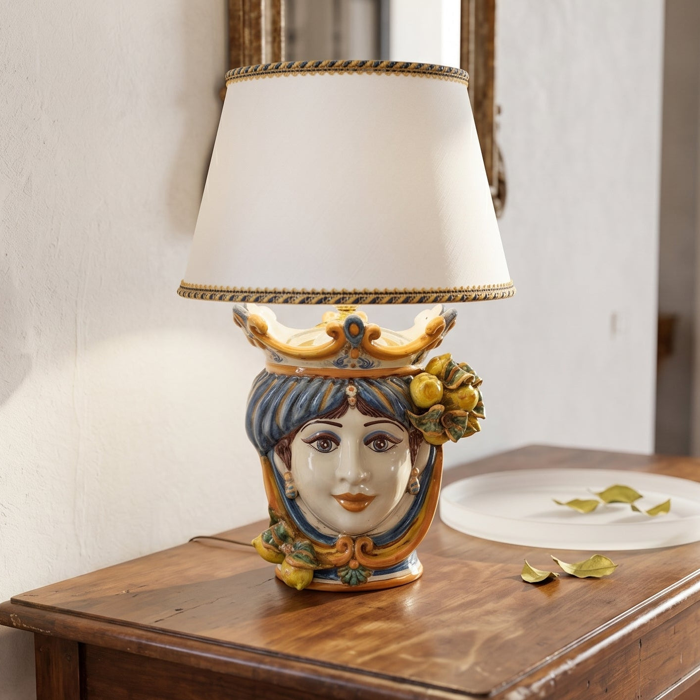 Ceramic Lamp Head with lemons h 55 cm blu/orange female