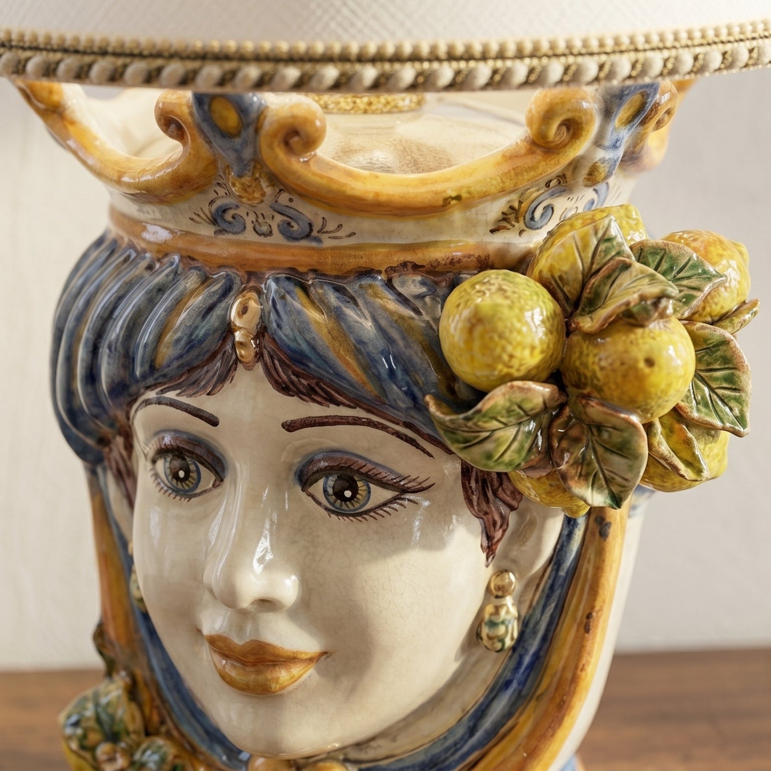 Ceramic Lamp Head with lemons h 55 cm blu/orange female