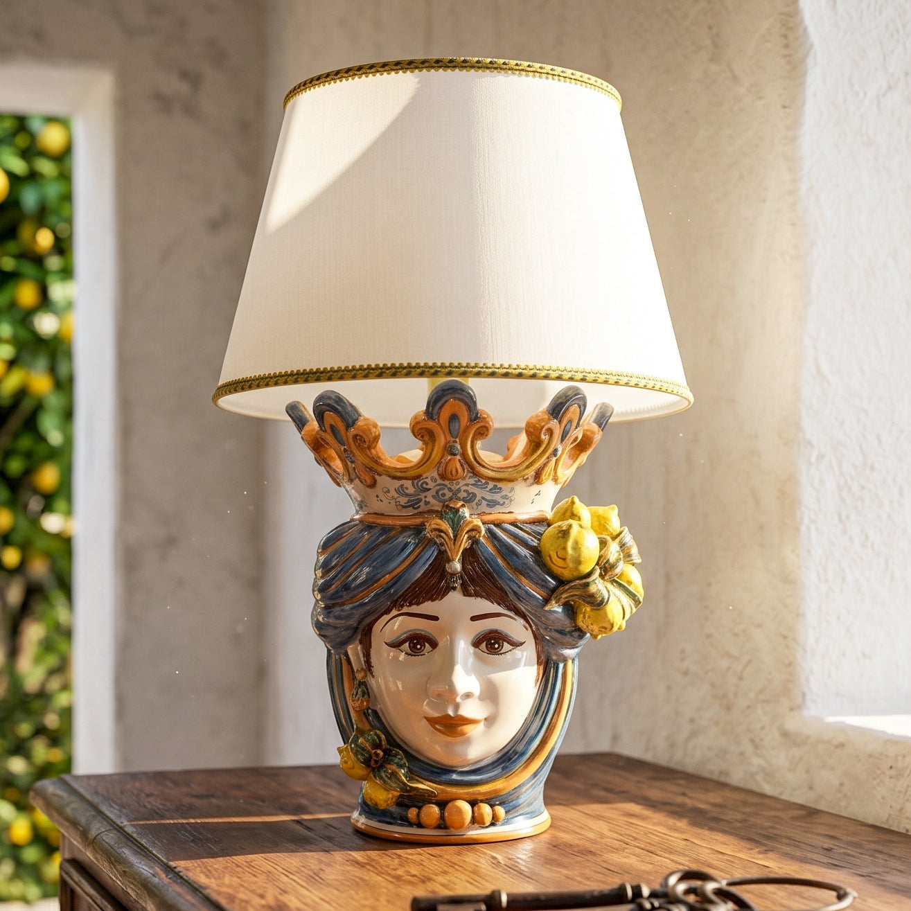 Italian Ceramic Lamp H 70 cm / 27.6", Woman, Blue and Orange – Sicilian ceramic lamp handcrafted in Caltagirone