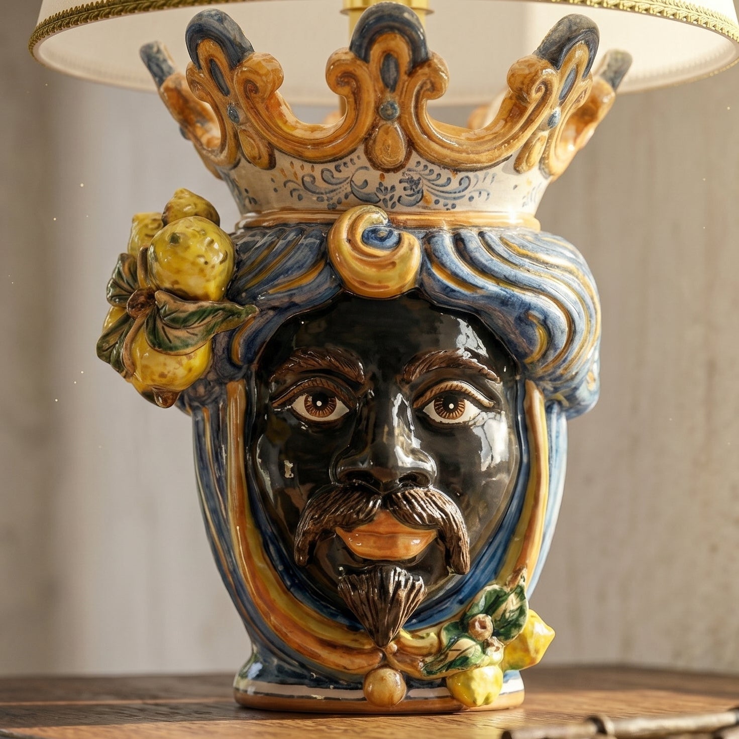 Italian Ceramic Lamp H 70 cm / 27.6", Moro Man, Blue and Orange – Italian ceramic from Caltagirone, Sicily