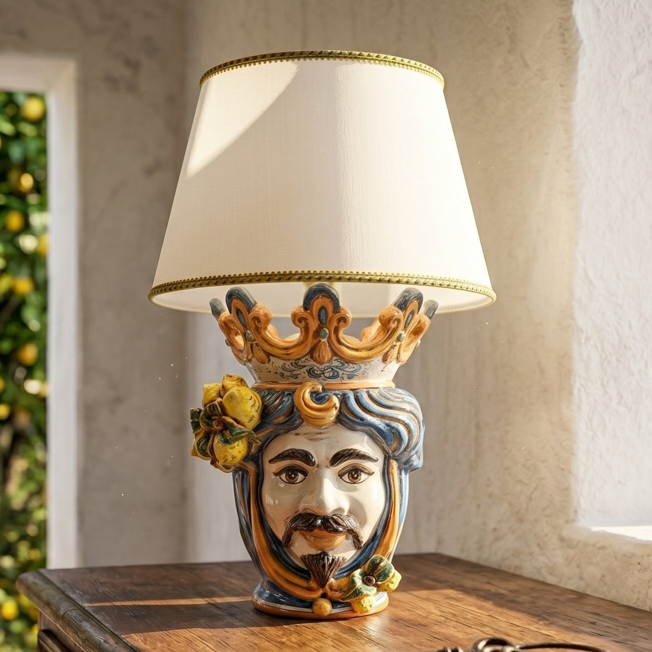 Italian Ceramic Lamp H 70 cm / 27.6", White Man, Blue and Orange – Italian ceramic from Caltagirone, Sicily