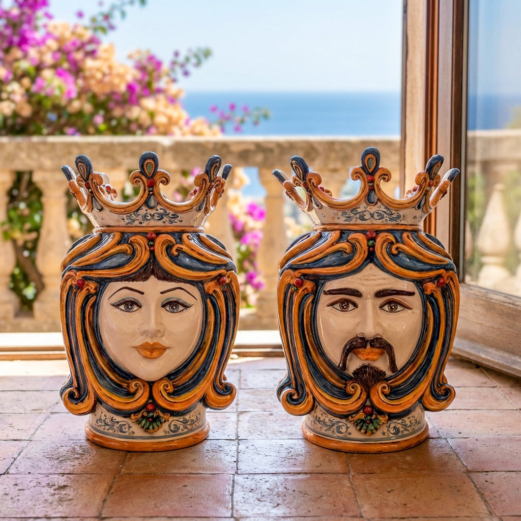 Sicilian Moor's Head H 60 cm / 23.6", Woman, Blue and Orange – Testa di Moro from Caltagirone, Sicily