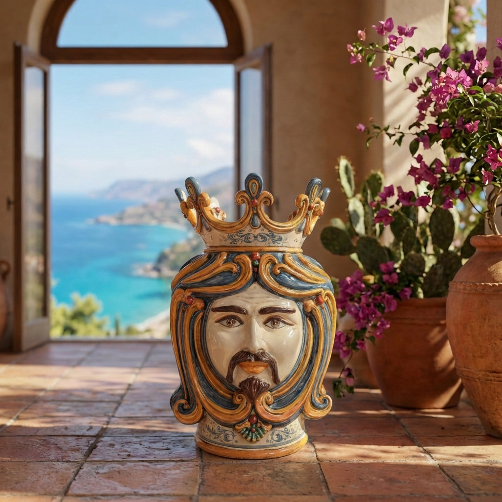 Moor's Head Vase H 60 cm / 23.6", White Man, Blue and Orange – Testa di Moro from Caltagirone, Sicily