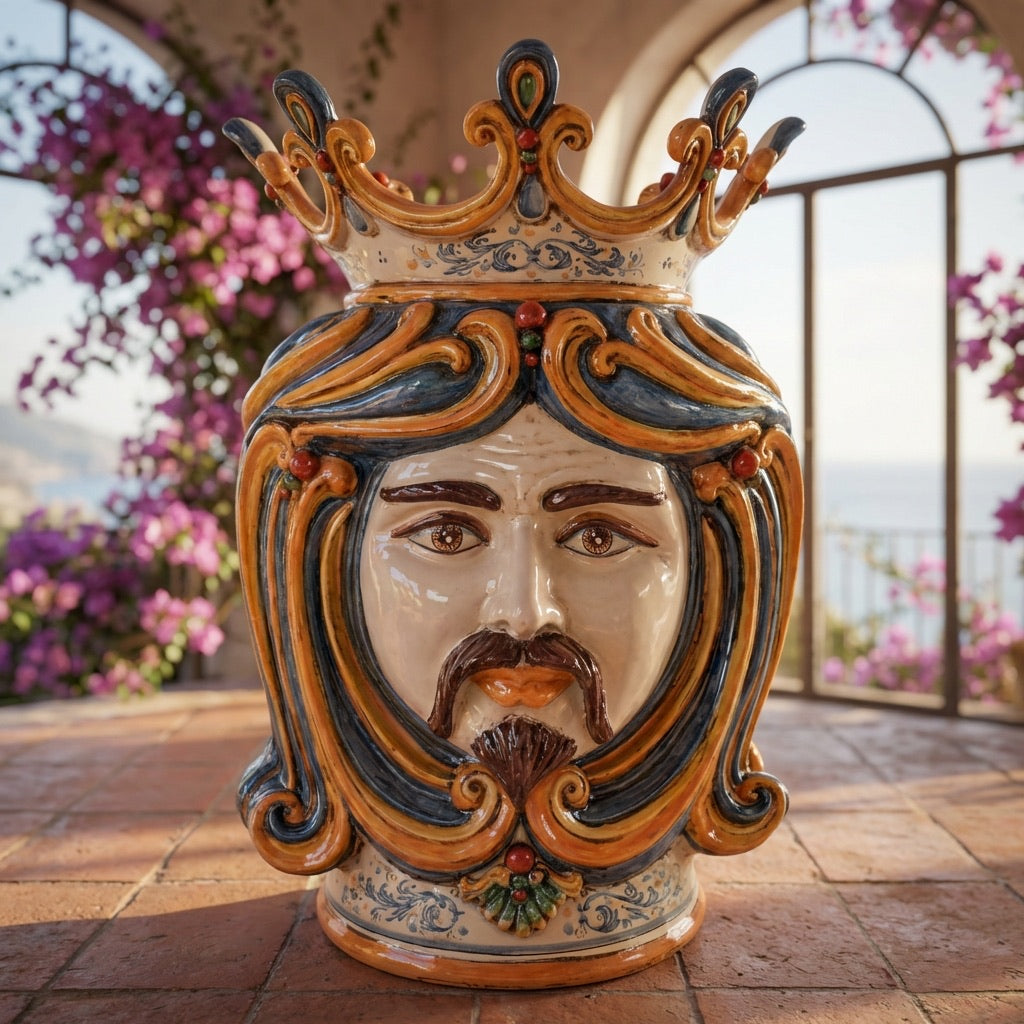 Moor's Head Vase H 60 cm / 23.6", White Man, Blue and Orange – Testa di Moro from Caltagirone, Sicily