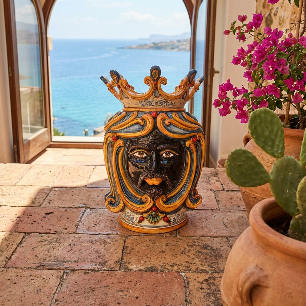 Moor's Head Vase H 60 cm / 23.6", Moro Man, Blue and Orange – Testa di Moro from Caltagirone, Sicily