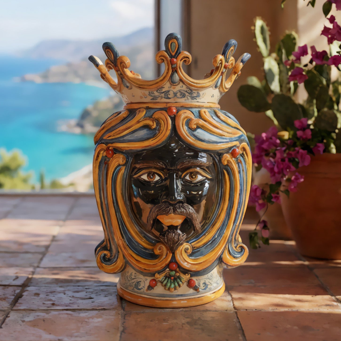 Moor's Head Vase H 60 cm / 23.6", Moro Man, Blue and Orange – Testa di Moro from Caltagirone, Sicily