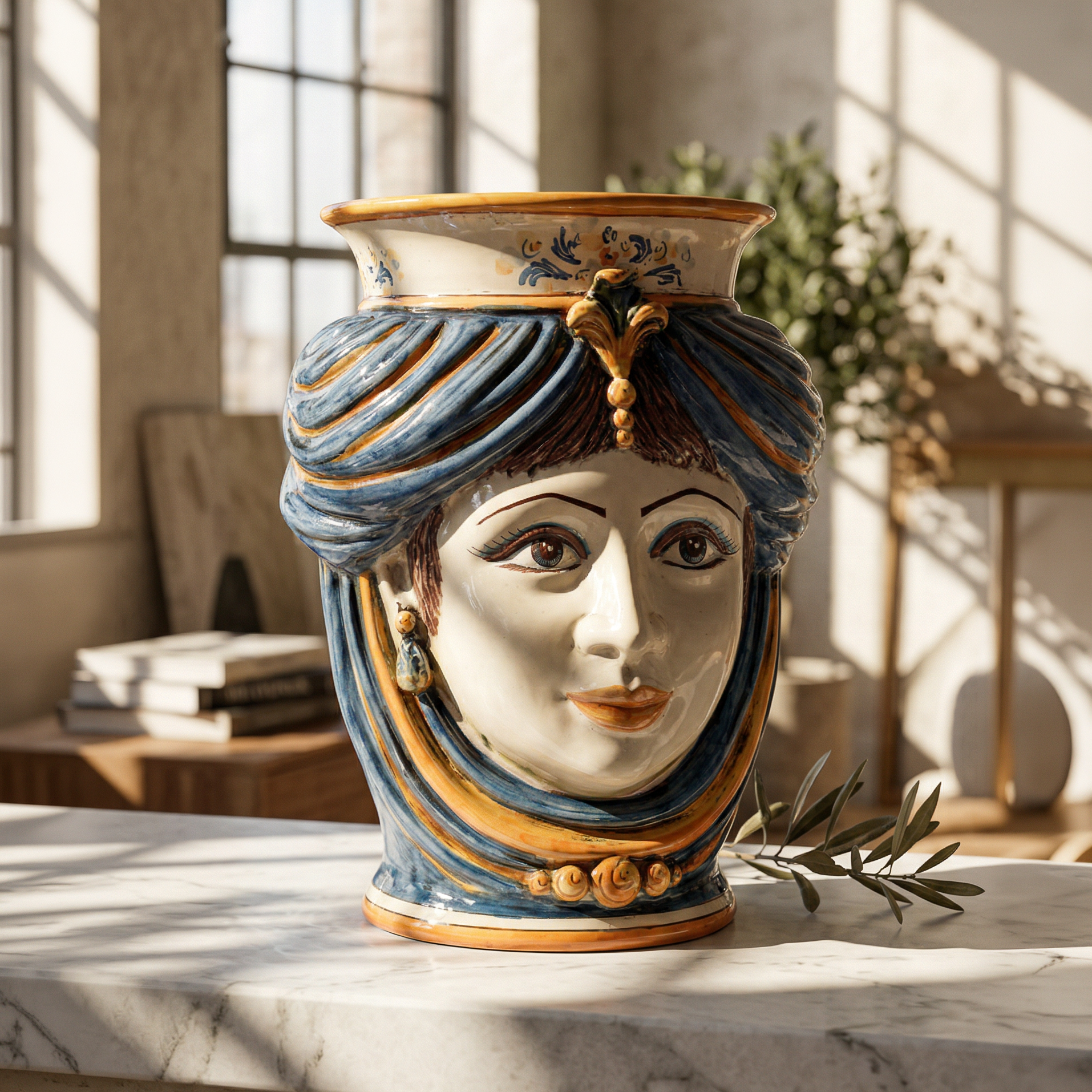Sicilian Moor's Head H 33 cm / 13", Woman, Blue and Orange – Testa di Moro from Caltagirone, Sicily