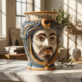Testa di Moro con Corona, Maschio Bianco, Blu e Arancio, volto. Ceramica siciliana di Caltagirone, Sofia