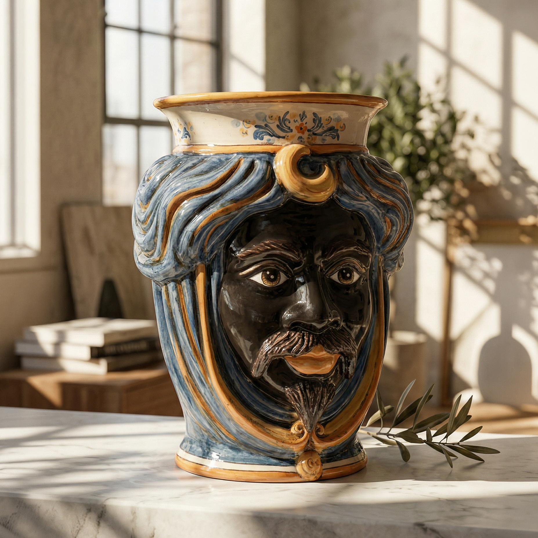 Sicilian Moor's Head H 33 cm / 13", Moro Man, Blue and Orange – Testa di Moro from Caltagirone, Sicily