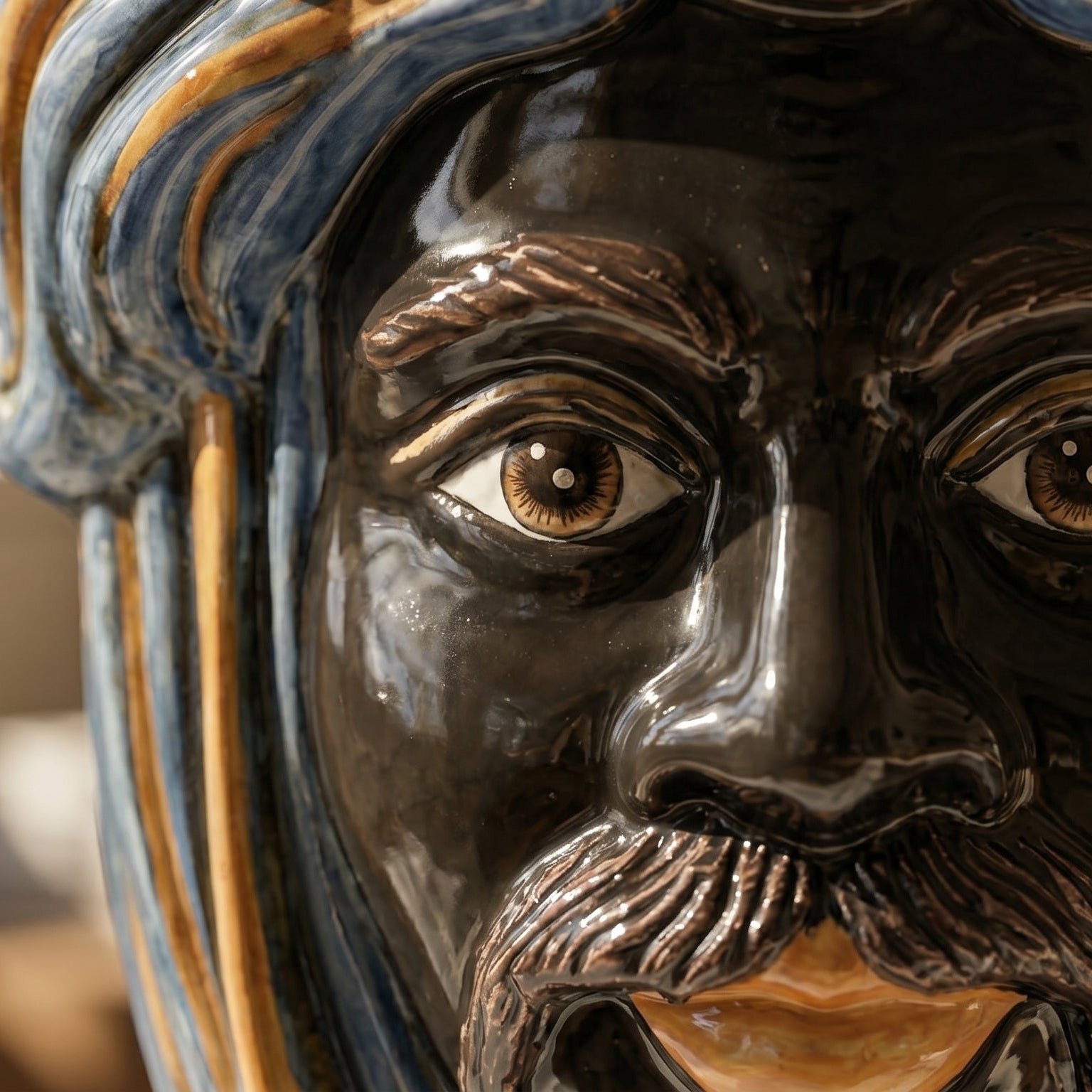 Sicilian Moor's Head H 33 cm / 13", Moro Man, Blue and Orange – Testa di Moro from Caltagirone, Sicily