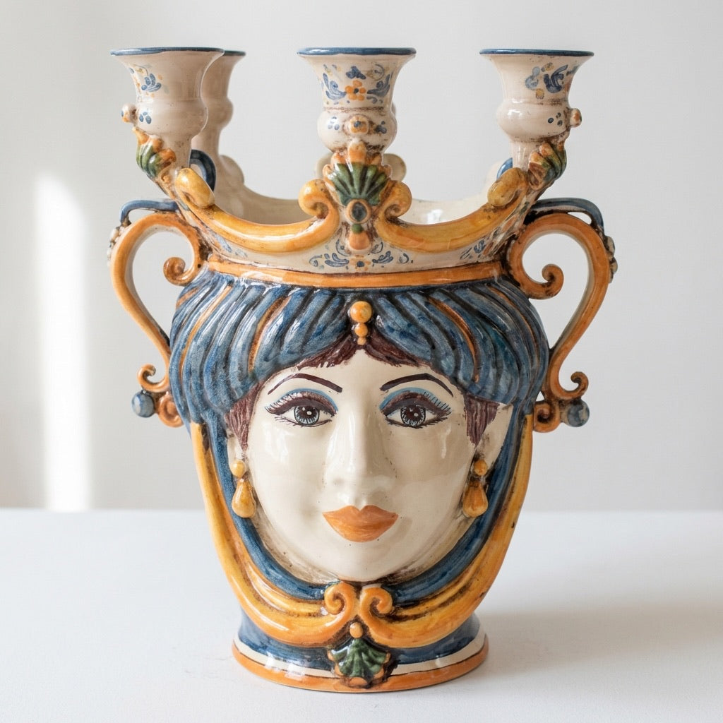 Ceramic Head with candle holder h 25 blu/orange male