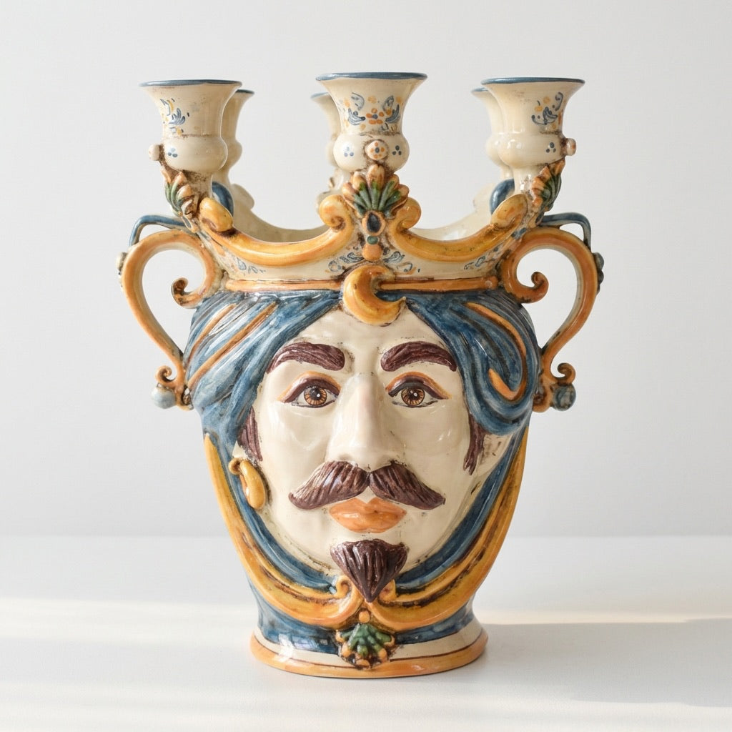 Ceramic Head with candle holder h 25 blu/orange male