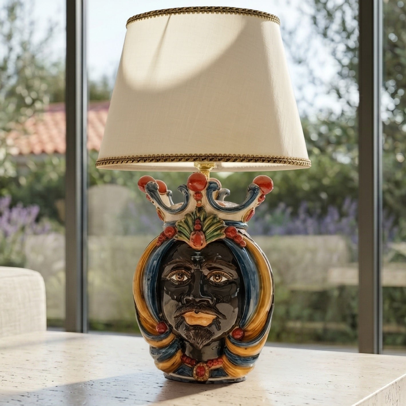 Ceramic Lamp Head of Sicily h 65 blu and orange male - Sofia Ceramiche artistic Ceramics
