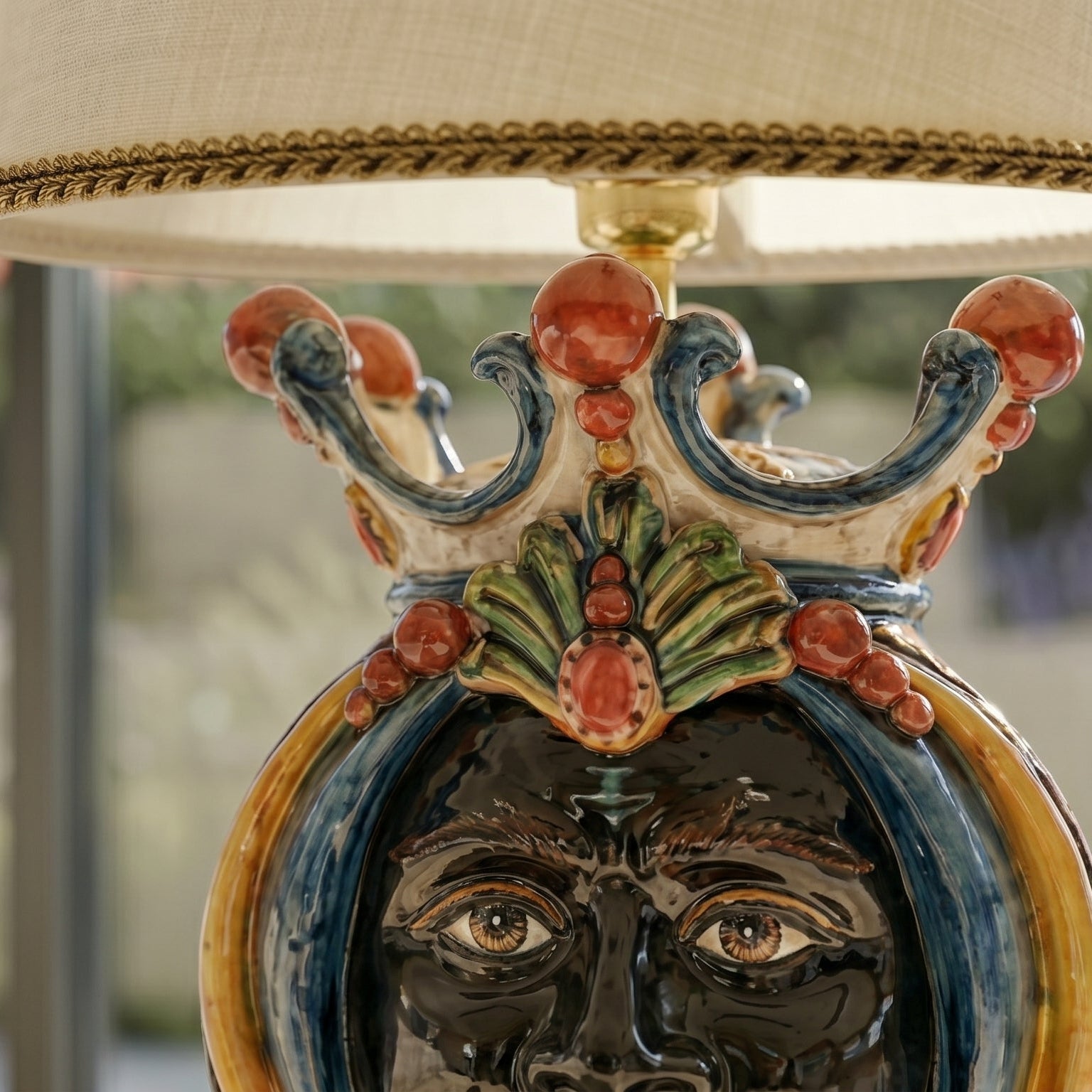 Ceramic Lamp Head of Sicily h 65 blu and orange male - Sofia Ceramiche artistic Ceramics