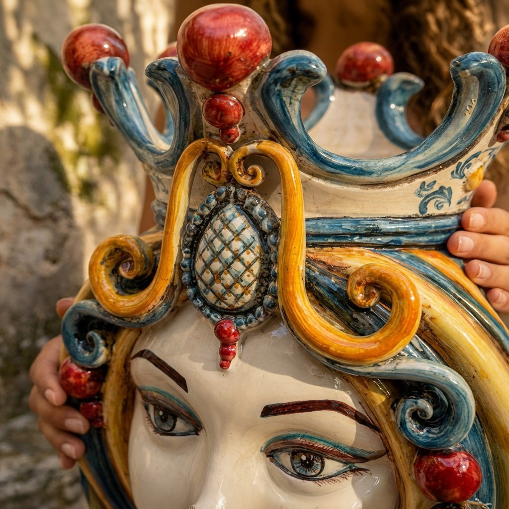 Ceramic Head of Sicily h 38 blu and orange female - Sofia Ceramiche artistic Ceramics