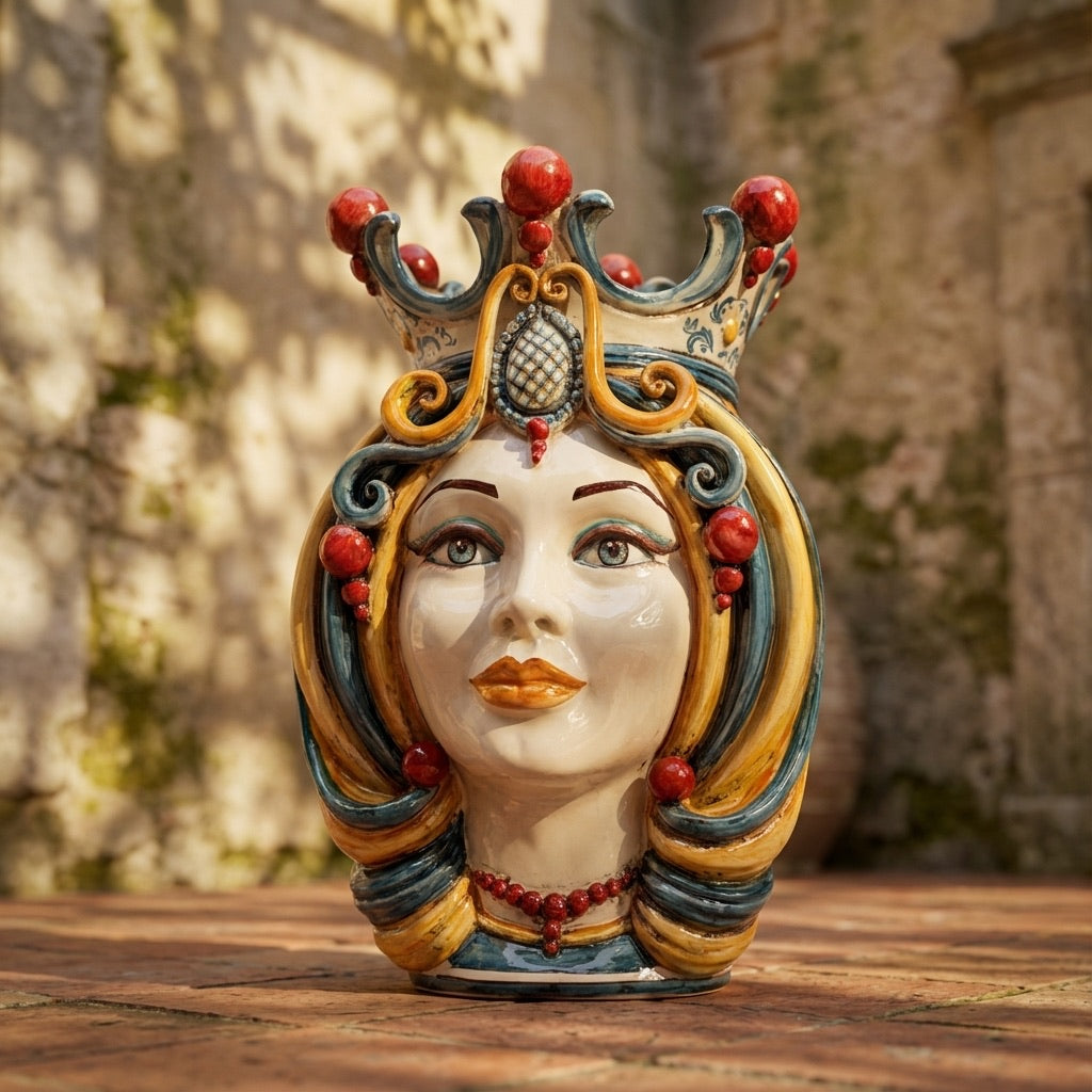 Ceramic Head of Sicily h 38 blu and orange female - Sofia Ceramiche artistic Ceramics