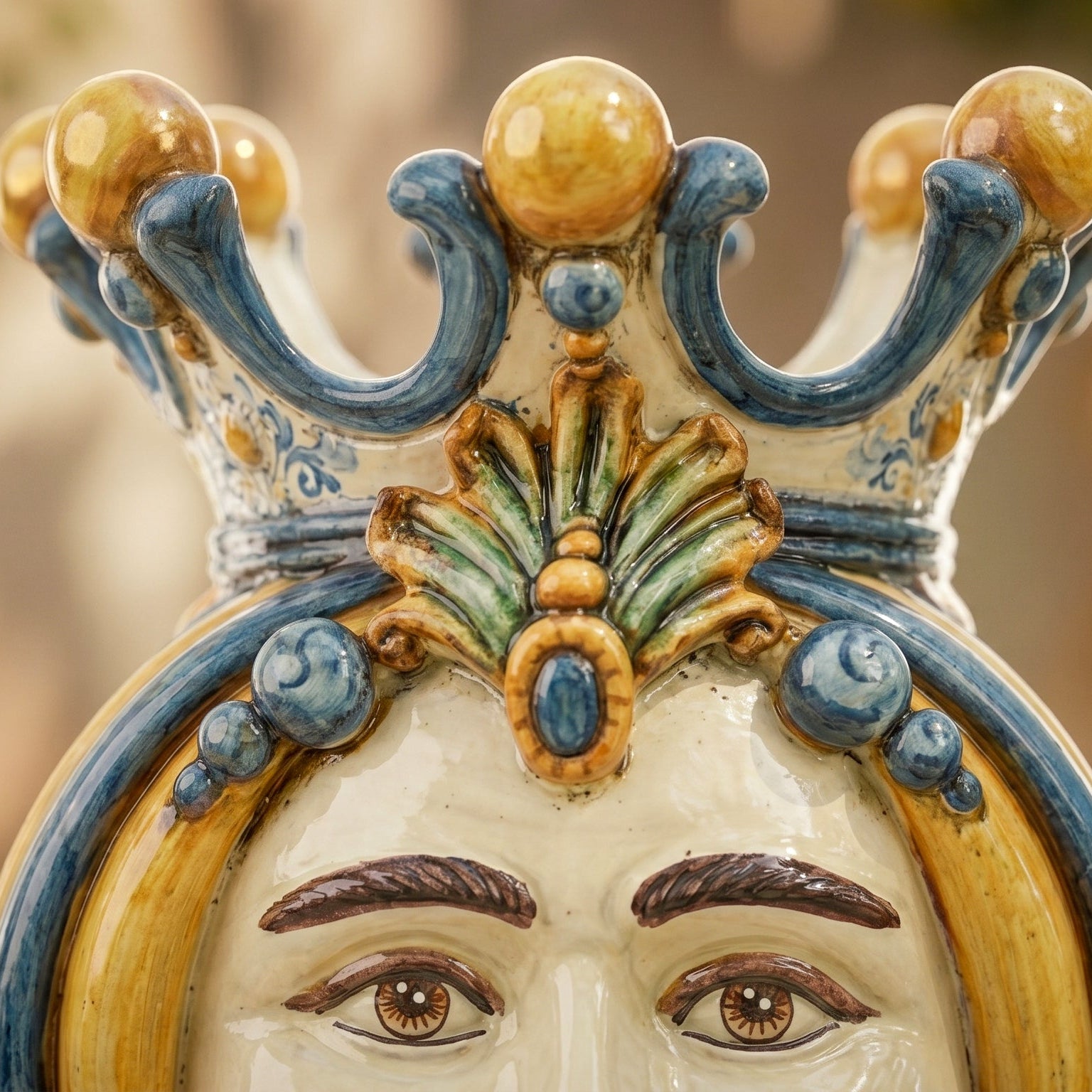 Sicilian Head Vase H 38 cm / 15", White Man, Blue and Orange – Testa di Moro from Caltagirone, Sicily