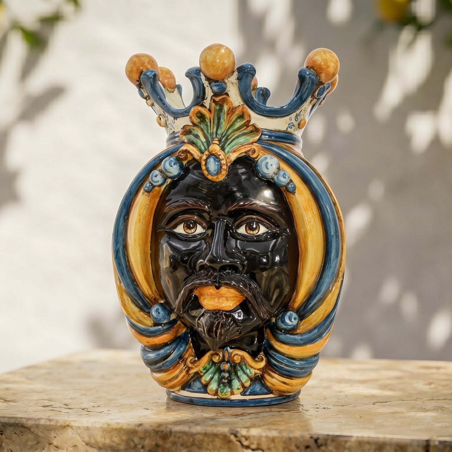 Maurenkopf-Vase H 38 cm, Maurischer Mann, Blau und Orange – Testa di Moro aus Caltagirone, Sizilien
