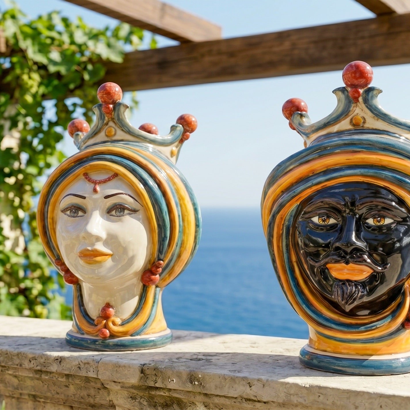 Moor's Head Vase H 30 cm / 11.8", Moro Man, Blue and Orange – Testa di Moro from Caltagirone, Sicily