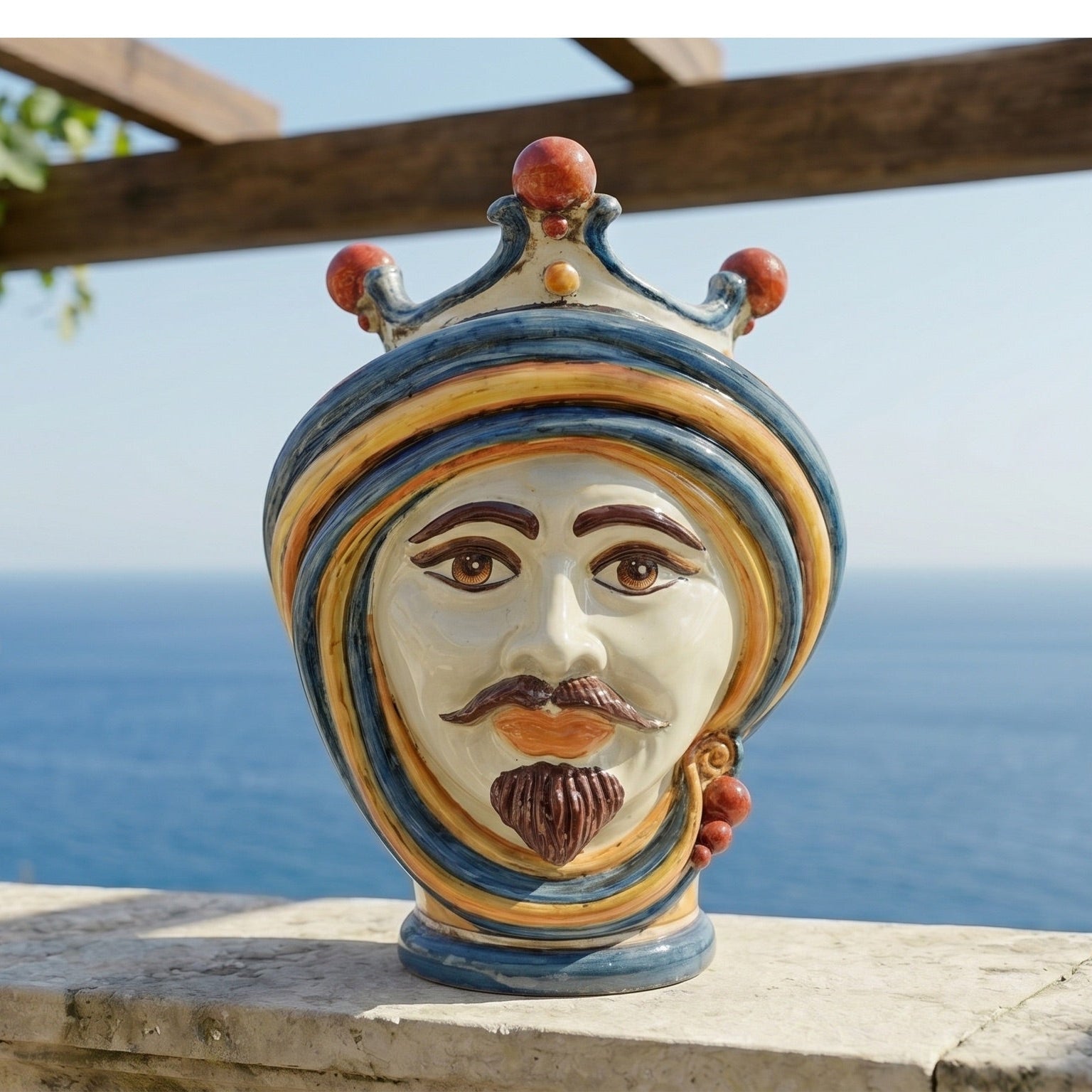 Sicilian Head Vase H 30 cm / 11.8", White Man, Blue and Orange – Testa di Moro from Caltagirone, Sicily