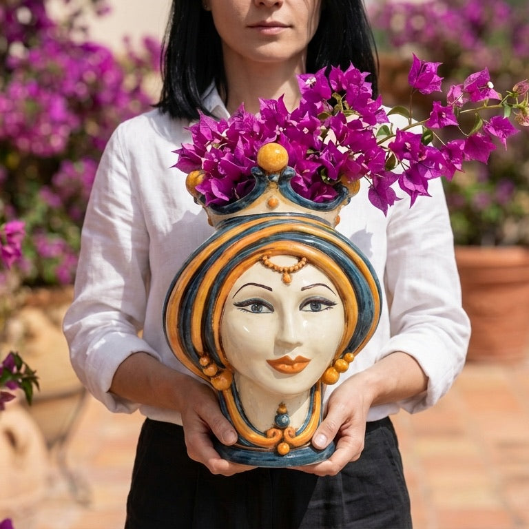 Moor's Head Vase H 30 cm / 11.8", Blue and Orange – Testa di Moro from Caltagirone, Sicily