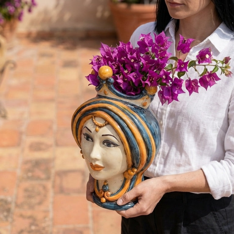 Moor's Head Vase H 30 cm / 11.8", Blue and Orange – Testa di Moro from Caltagirone, Sicily
