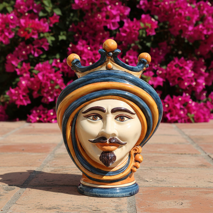 Sicilian Head Vase H 30 cm / 11.8", Man, Blue and Orange – Testa di Moro from Caltagirone, Sicily