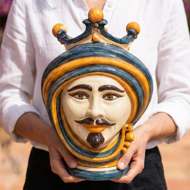 Sicilian Head Vase H 30 cm / 11.8", Man, Blue and Orange – Testa di Moro from Caltagirone, Sicily