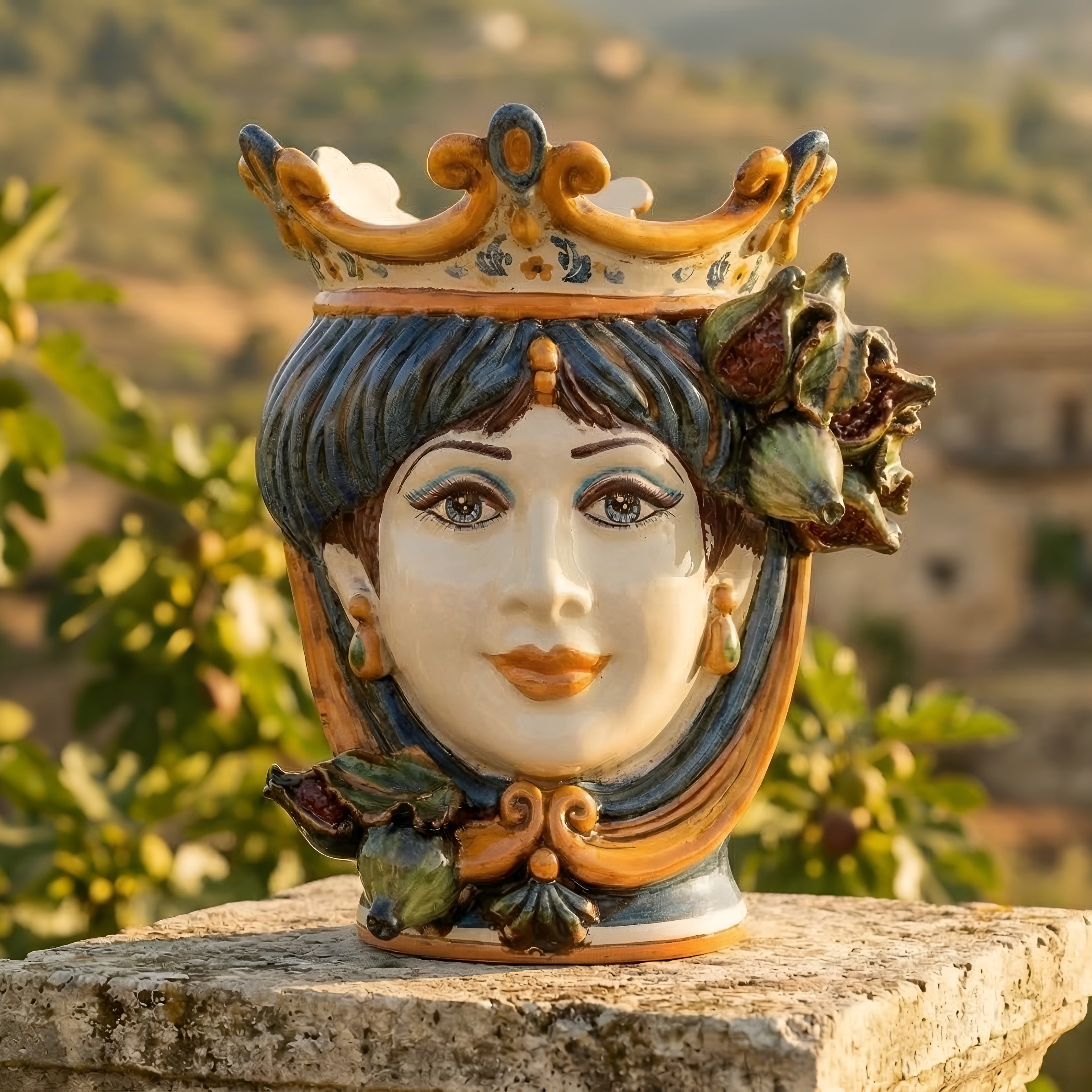 Moor's Head Vase with Figs H 25 cm / 9.8", Woman, Blue and Orange – Testa di Moro from Caltagirone, Sicily