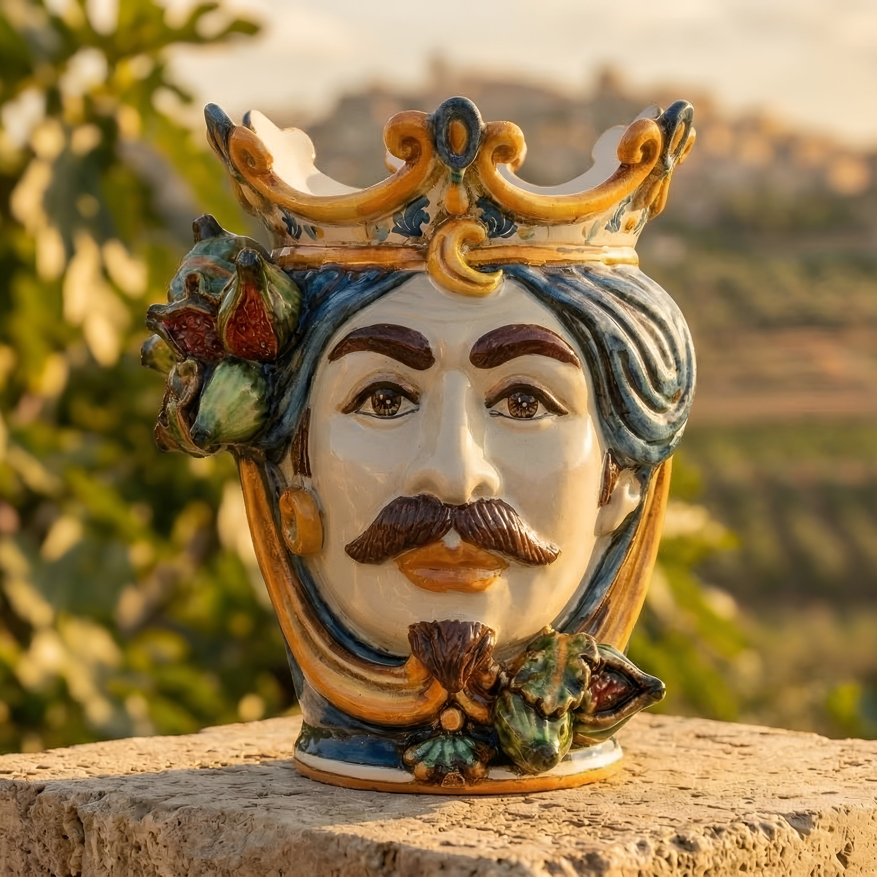 Sicilian Head Vase with Figs H 25 cm / 9.8", White Man, Blue and Orange – Testa di Moro from Caltagirone, Sicily