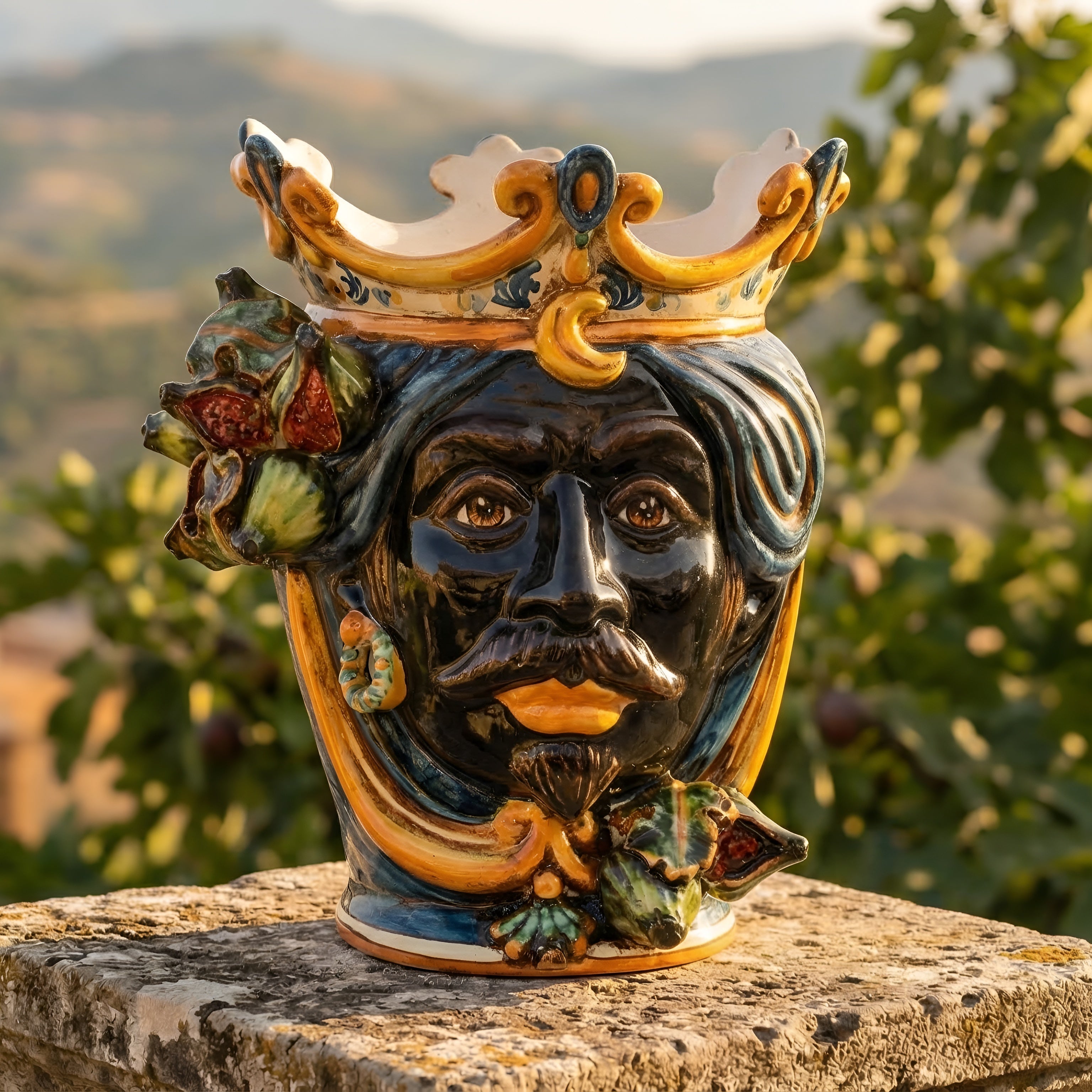 Sicilian Moor's Head with Figs H 25 cm / 9.8", Moro Man, Blue and Orange – Testa di Moro from Caltagirone, Sicily
