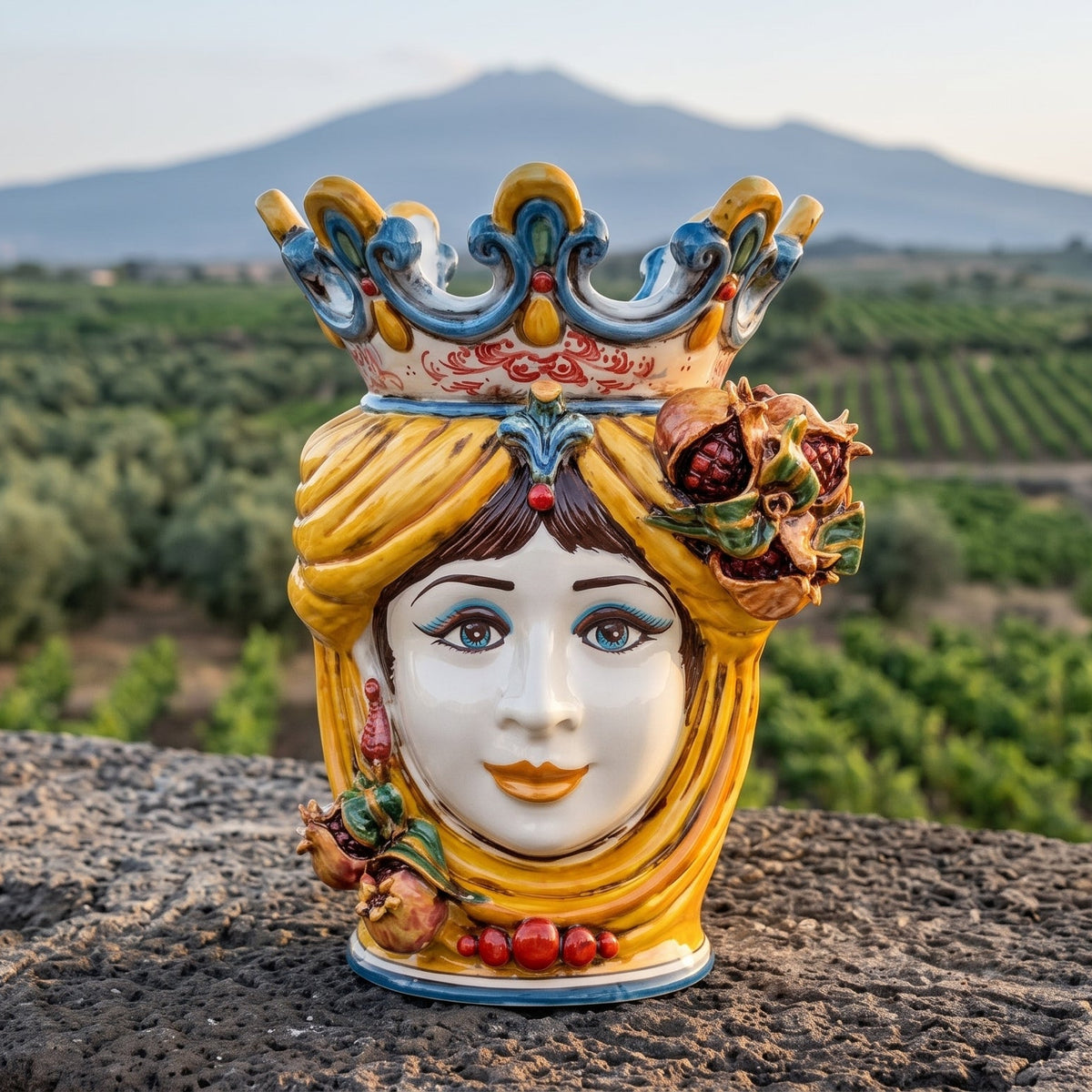 Sicilian Moor's Head with Pomegranates H 40 cm / 15.7", Woman, Yellow and Orange – Testa di Moro from Caltagirone, Sicily