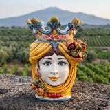 Sicilian Moor's Head with Pomegranates H 40 cm / 15.7", Woman, Yellow and Orange – Testa di Moro from Caltagirone, Sicily