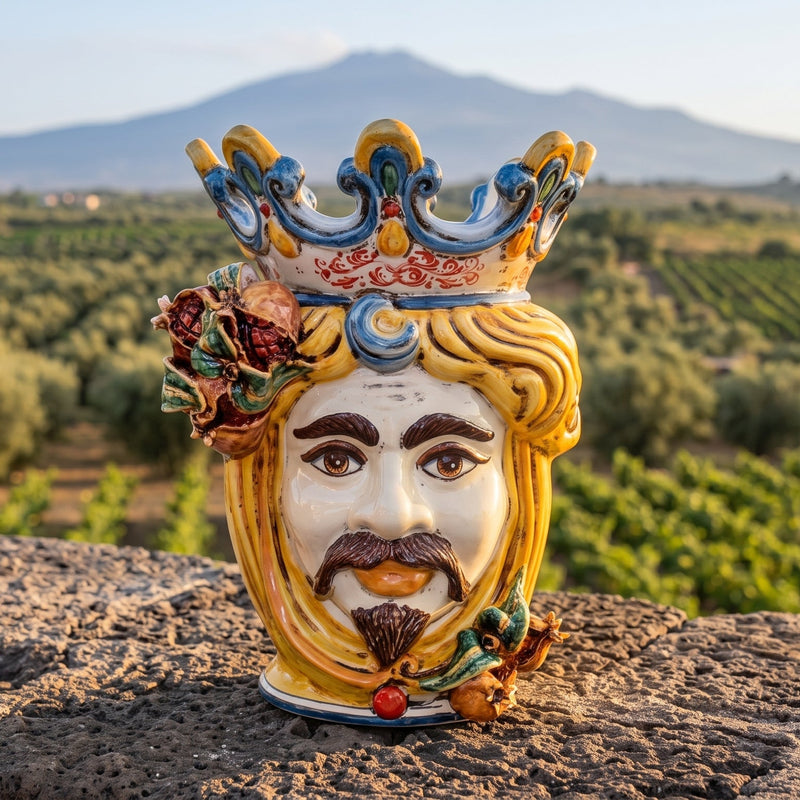 Tête de Maure Sicilienne aux Grenades H 40 cm – Homme, Jaune et Orange – Testa di Moro de Caltagirone, Sicile