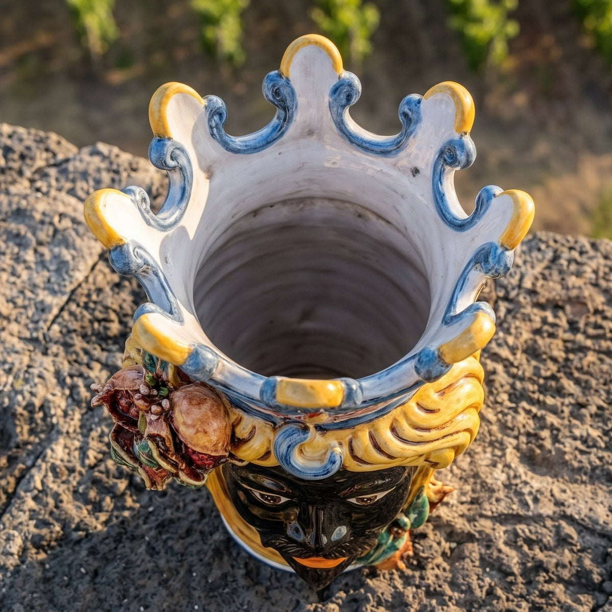 Sicilian Moor's Head with Pomegranates H 40 cm / 15.7", Male, Yellow and Orange – Testa di Moro from Caltagirone, Sicily