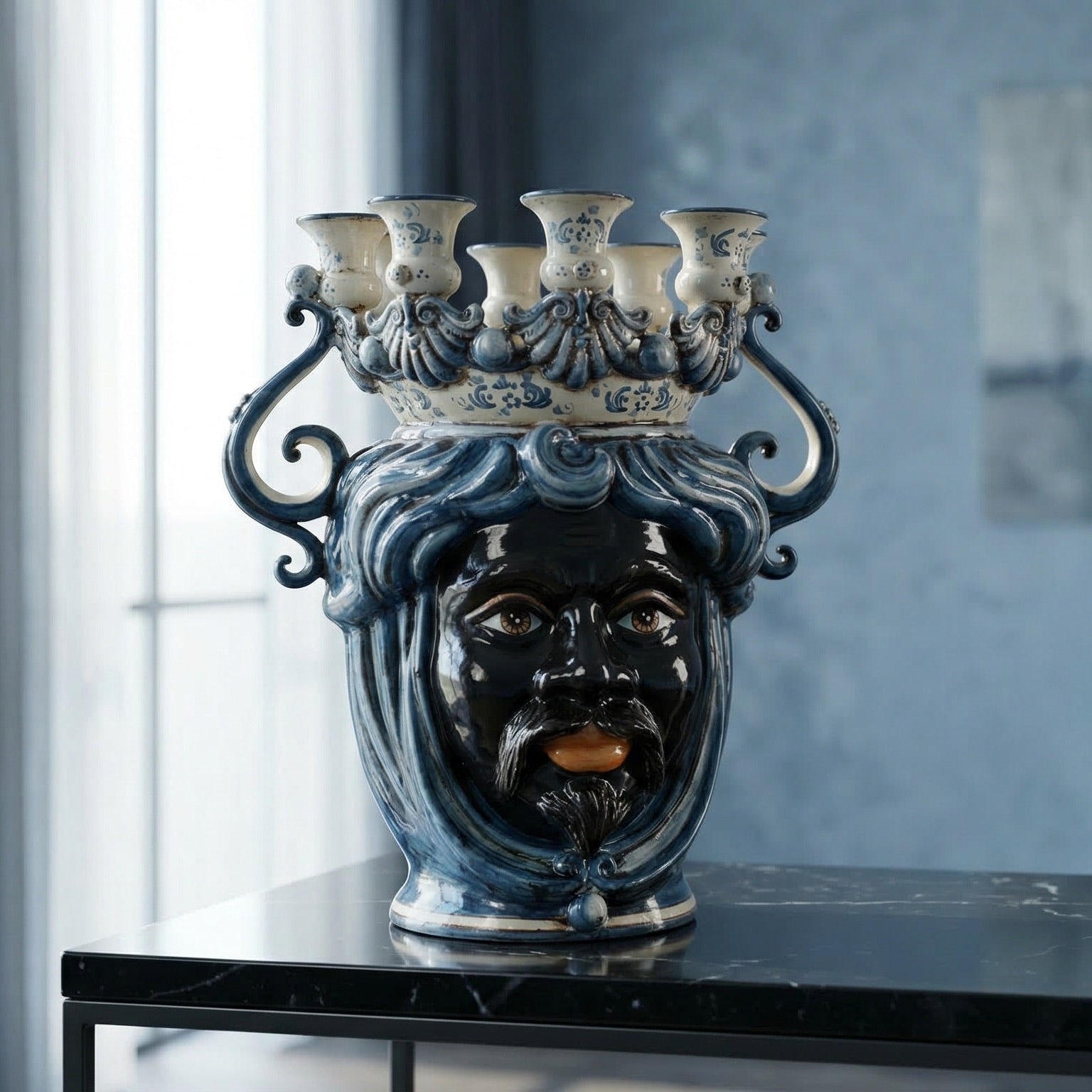 Jarrón Siciliano Candelabro H 40 cm, Hombre Moro, Mono Azul – Testa di Moro de Caltagirone, Sicilia