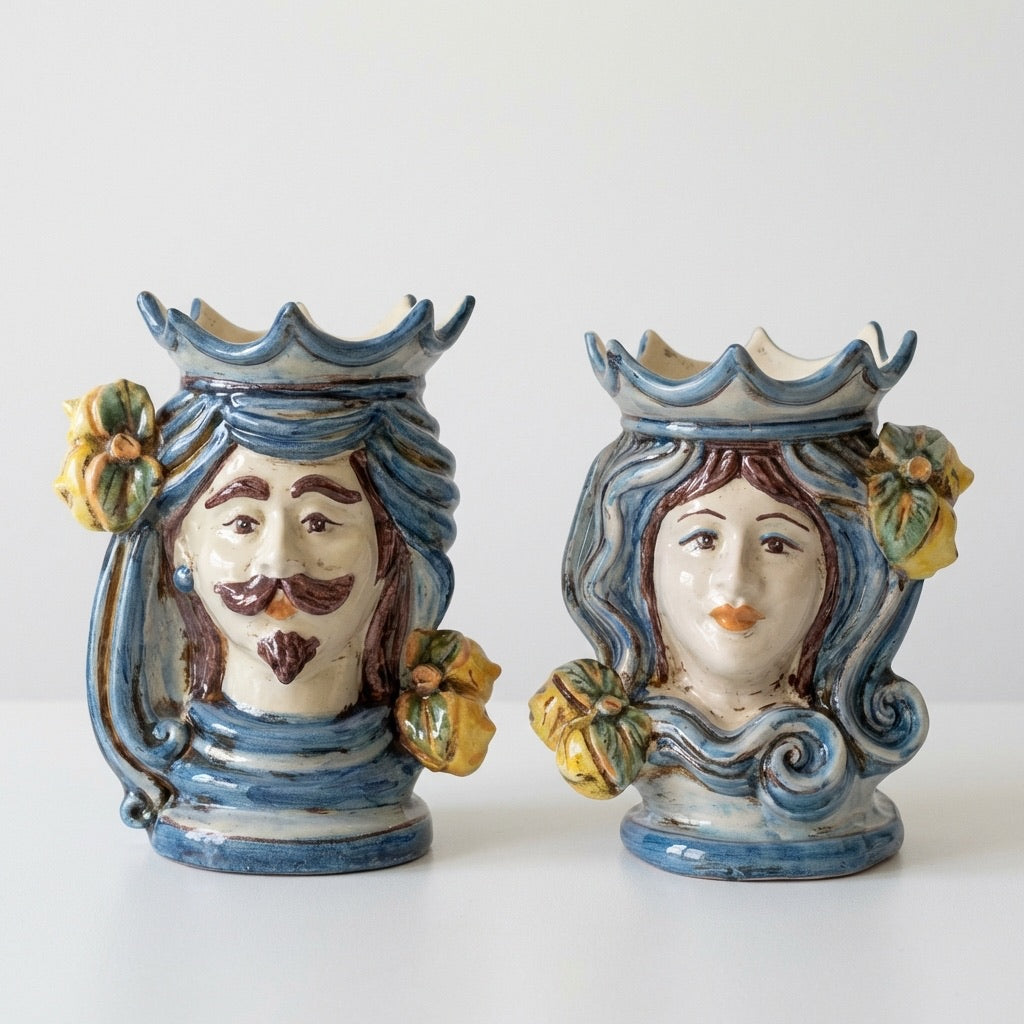 Pair of moor's heads h 15 cm in caltagirone ceramic
