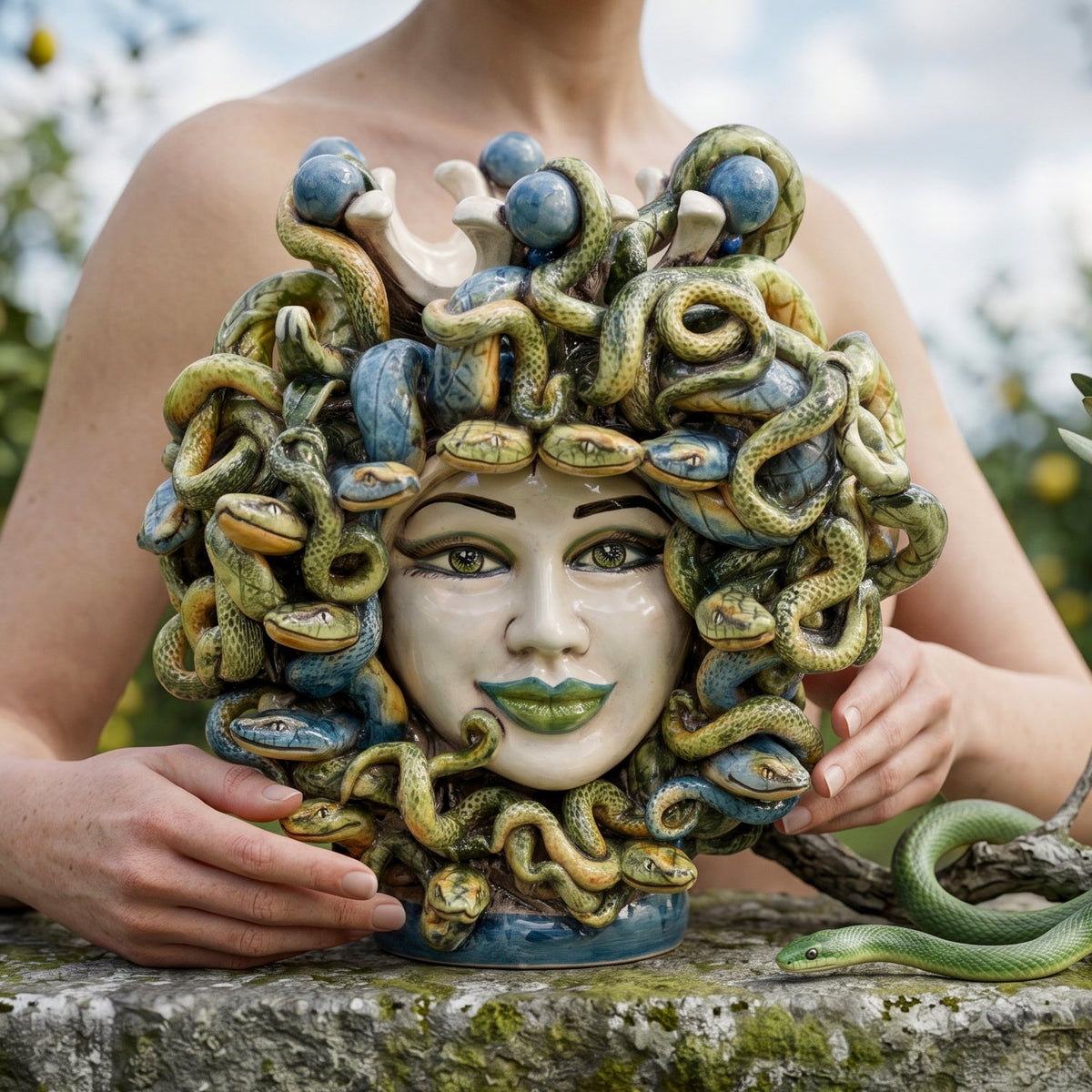 Testa Medusa h 25 cm  - con Perline Blu e Labbra verdi - Madreperla colorato | Ceramica Caltagirone