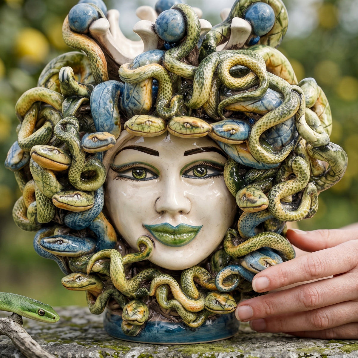 Testa Medusa h 25 cm  - con Perline Blu e Labbra verdi - Madreperla colorato | Ceramica Caltagirone