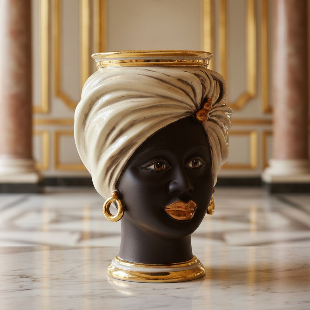 Cabeza Tuareg H 20 cm, Mujer, Madreperla – Testa di Moro de Caltagirone, Sicilia